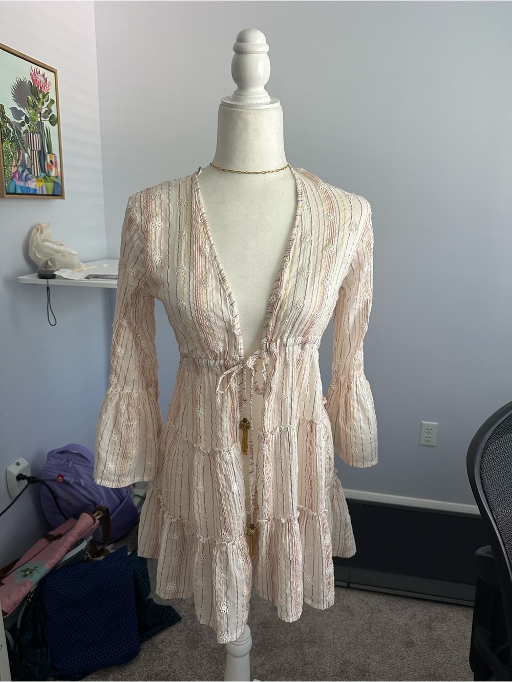 Blue Island Flare Sleeve Tie Front Beach Coverup Dress